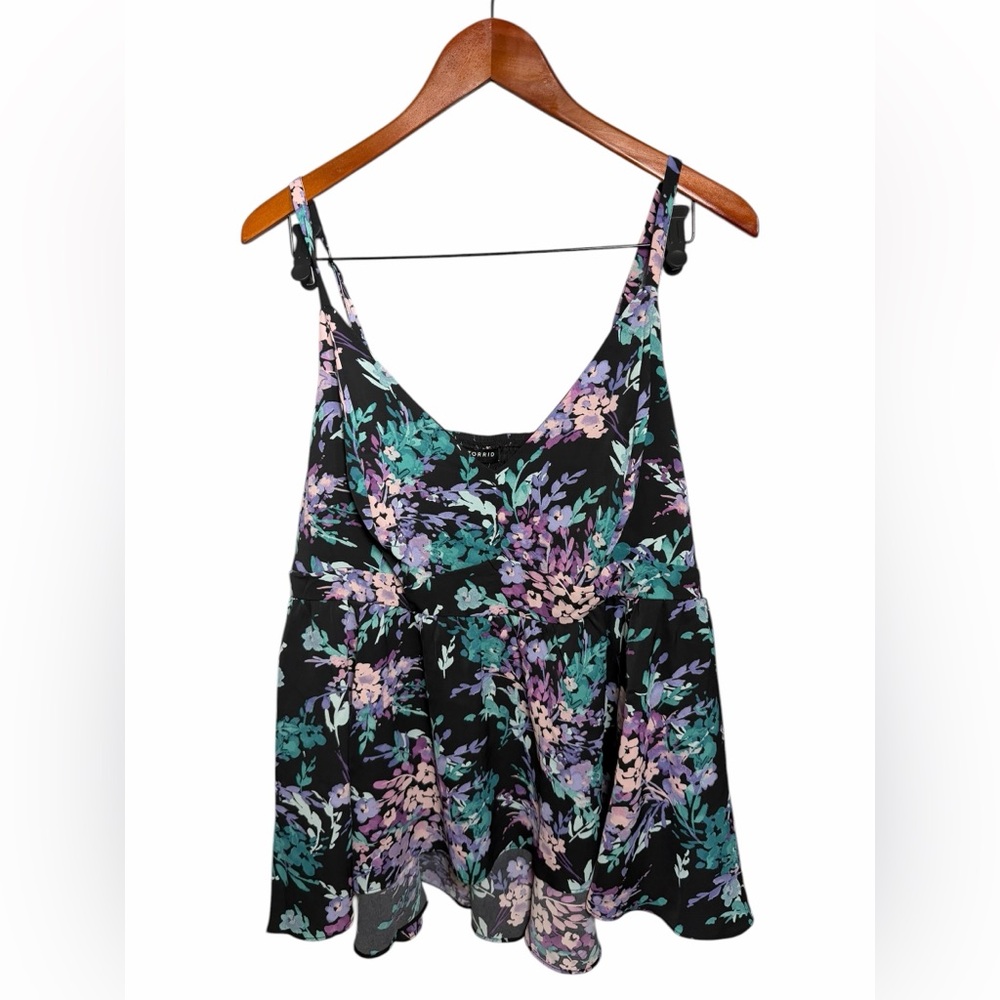 Torrid 1 Black Floral V-Neck Spaghetti Strap Tank - Teal & Lavender 1X